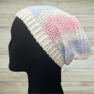 Handmade Blue Pink and White Cotton Candy Crochet Beanie Winter Hat
